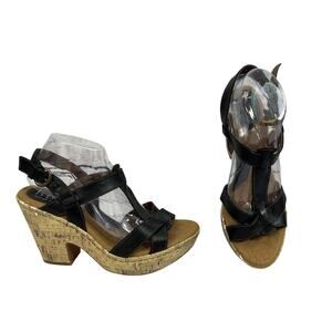Born Concept BOC Wedge Cork Heel Black Strap Sandals size 10